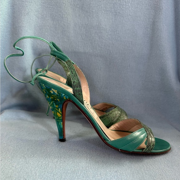 Casadei Teal Lizard skin/ leather open toe strappy heels - Picture 3 of 10